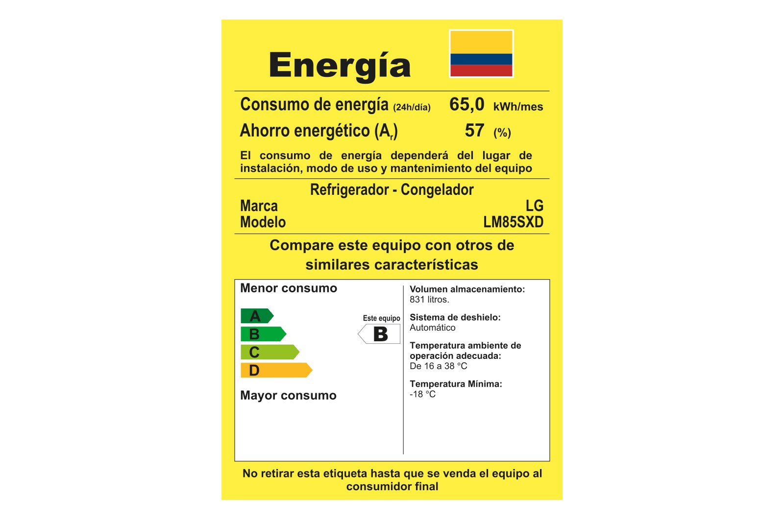 Certificado consumo energético para nevecón LG Instaview LM85SXD 