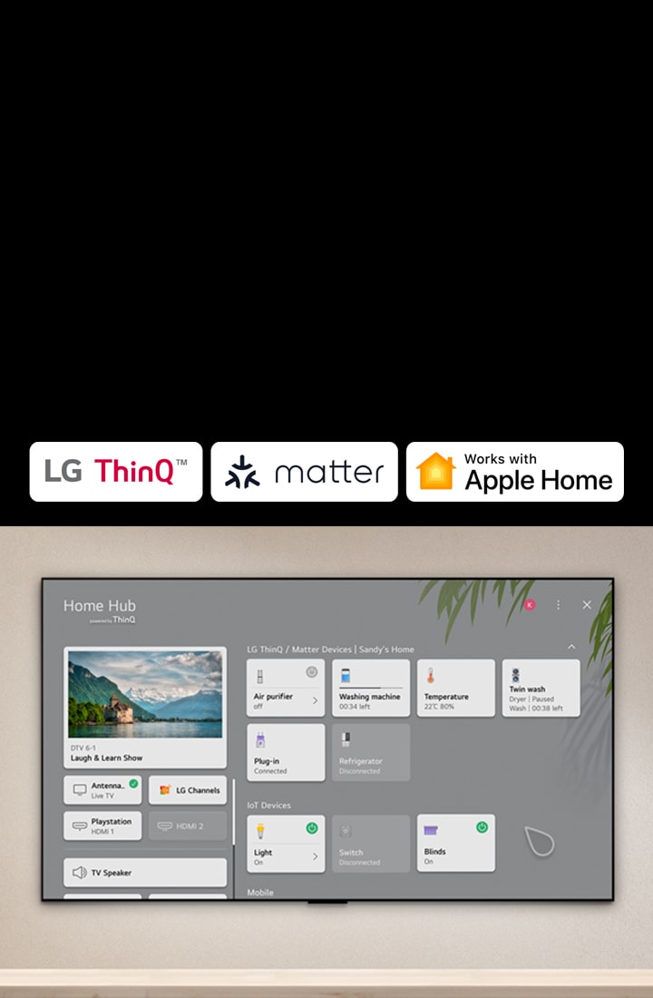 Un logotipo de LG ThinQ™, materia y Apple Home. Un televisor LG montado en una pared y un LG PuriCare™ Objet Collection 360° a la izquierda. El televisor muestra Home Hub y un cursor hace clic en «Purificador de aire» y se activa LG PuriCare™ Objet Collection 360°.