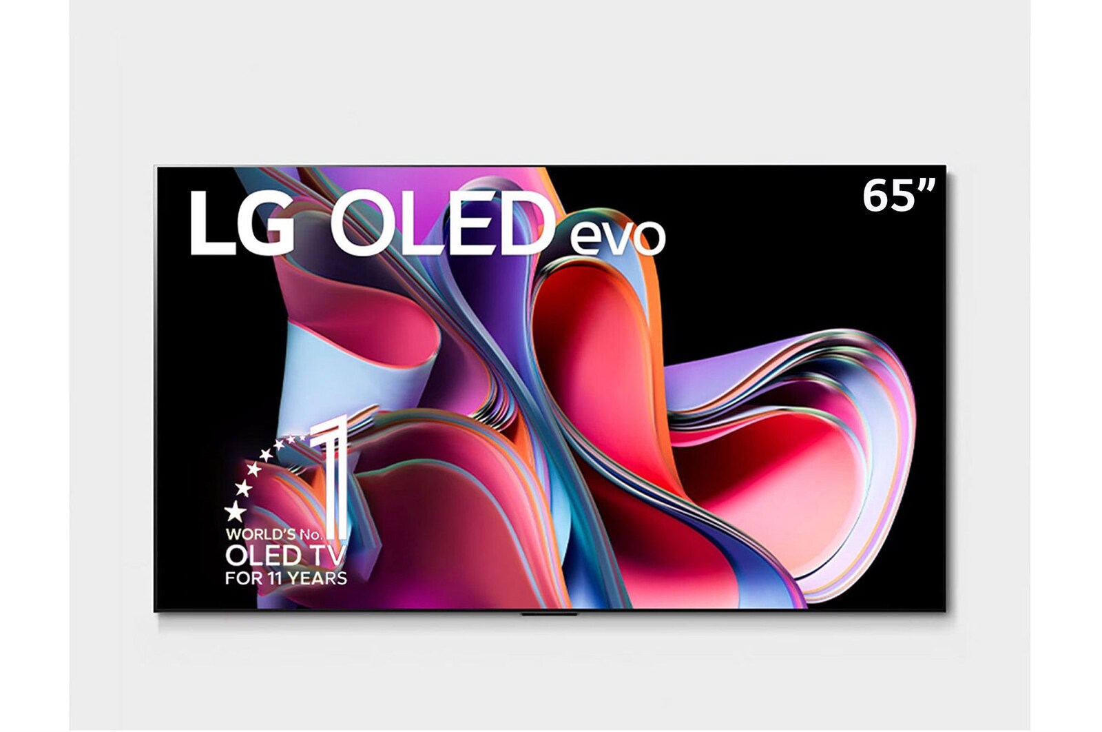 Vista frontal con LG OLED evo,y Emblema 10 Años Marca OLED No.1 en el Mundo 1. Logotipo de garantía de panel de 5 años en la pantalla