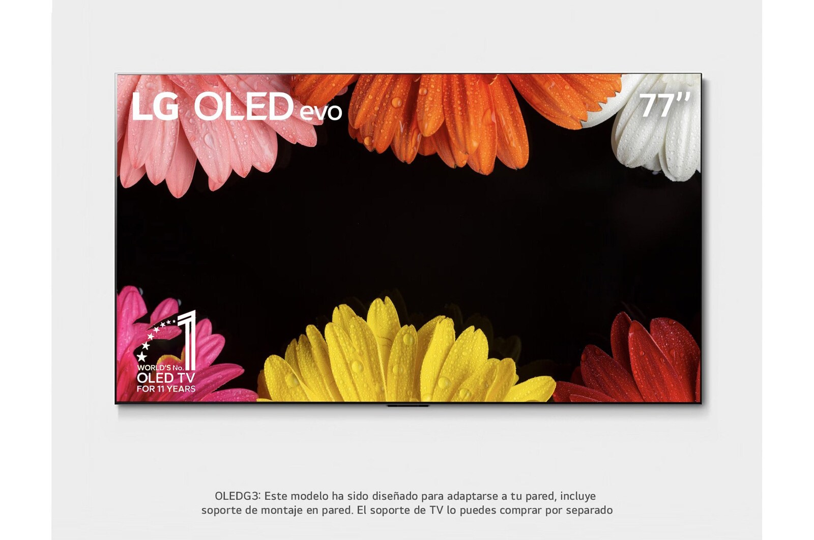 Vista frontal con LG OLED evo,y Emblema 10 Años Marca OLED No.1 en el Mundo 1. Logotipo de garantía de panel de 5 años en la pantalla