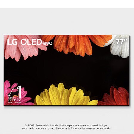 Vista frontal con LG OLED evo,y Emblema 10 Años Marca OLED No.1 en el Mundo 1. Logotipo de garantía de panel de 5 años en la pantalla