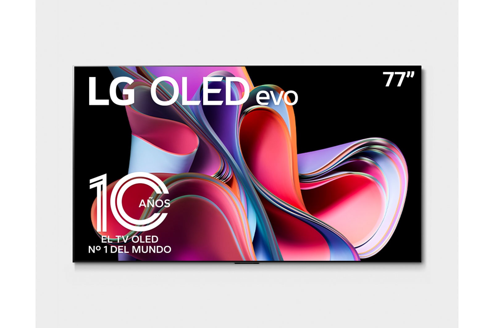 Vista frontal con LG OLED evo,y Emblema 10 Años Marca OLED No.1 en el Mundo 1. Logotipo de garantía de panel de 5 años en la pantalla