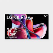 Vista frontal con LG OLED evo,y Emblema 10 Años Marca OLED No.1 en el Mundo 1. Logotipo de garantía de panel de 5 años en la pantalla