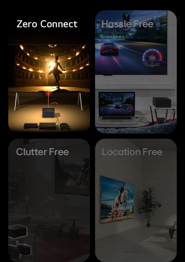 Se muestran cuatro imágenes. El primero muestra una Zero Connect Box colocada frente al LG SIGNATURE OLED M4 que muestra a un bailarín en un teatro en la pantalla y las palabras "Zero Connect" en la parte superior izquierda. El segundo muestra un juego de carreras de autos tanto en el LG SIGNATURE OLED M4 colgado en la pared como en una computadora portátil en una sala de estar, con una Zero Connect Box al costado y las palabras "Hassle Free" en la parte superior izquierda. El tercero muestra una Zero Connect Box con múltiples dispositivos debajo resaltados en una imagen oscura de una sala de estar y las palabras "Clutter Free" en la parte superior izquierda. El cuarto muestra LG SIGNATURE OLED M4 en una perspectiva en ángulo sobre un soporte en una sala de estar y las palabras "Ubicación libre" en la parte superior izquierda.