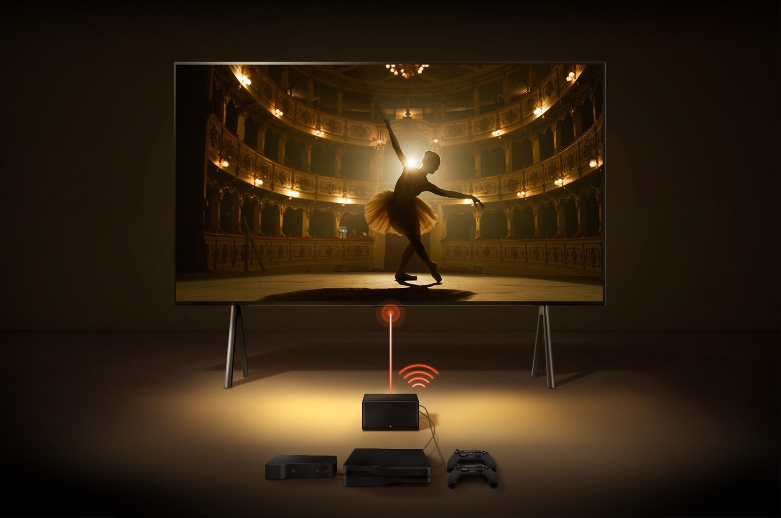 Una Zero Connect Box frente a un LG SIGNATURE OLED M4, y una señal Wi-Fi roja y un haz rojo emitiéndose hacia el televisor. El televisor muestra a una bailarina bailando sola en el escenario.