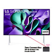 Vista frontal con LG OLED TV, OLED M4 SIGNATURE, el emblema de 11 años como OLED número 1 del mundo, el logotipo de webOS Re:New Program, y una caja Zero Connect con transferencia inalámbrica de video y audio 4K conectada a un televisor, y una señal Wi-Fi que sale de la caja