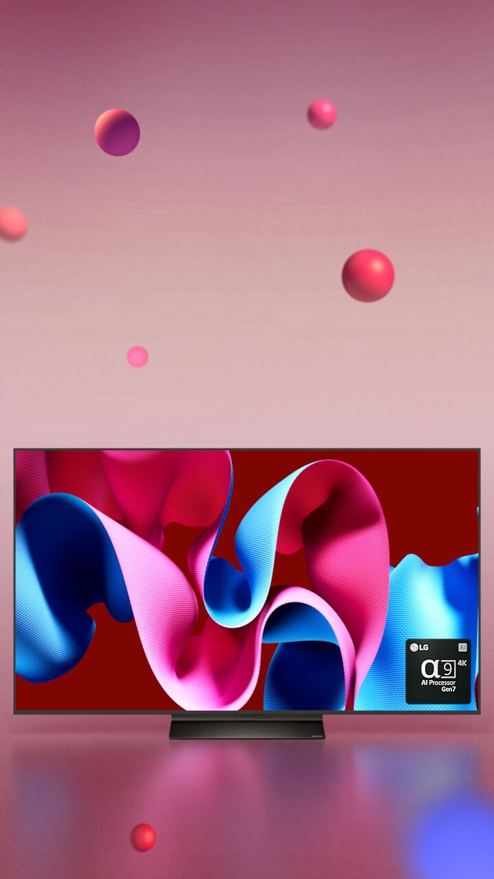 Se abre un video que muestra el LG OLED C4 mirando 45 grados a la derecha con una obra de arte abstracta rosa y azul en la pantalla sobre un fondo rosa con esferas 3D. El televisor OLED gira para mirar hacia el frente. En la parte inferior derecha hay un logotipo del chipset Gen 7 del procesador LG alpha 9 AI.