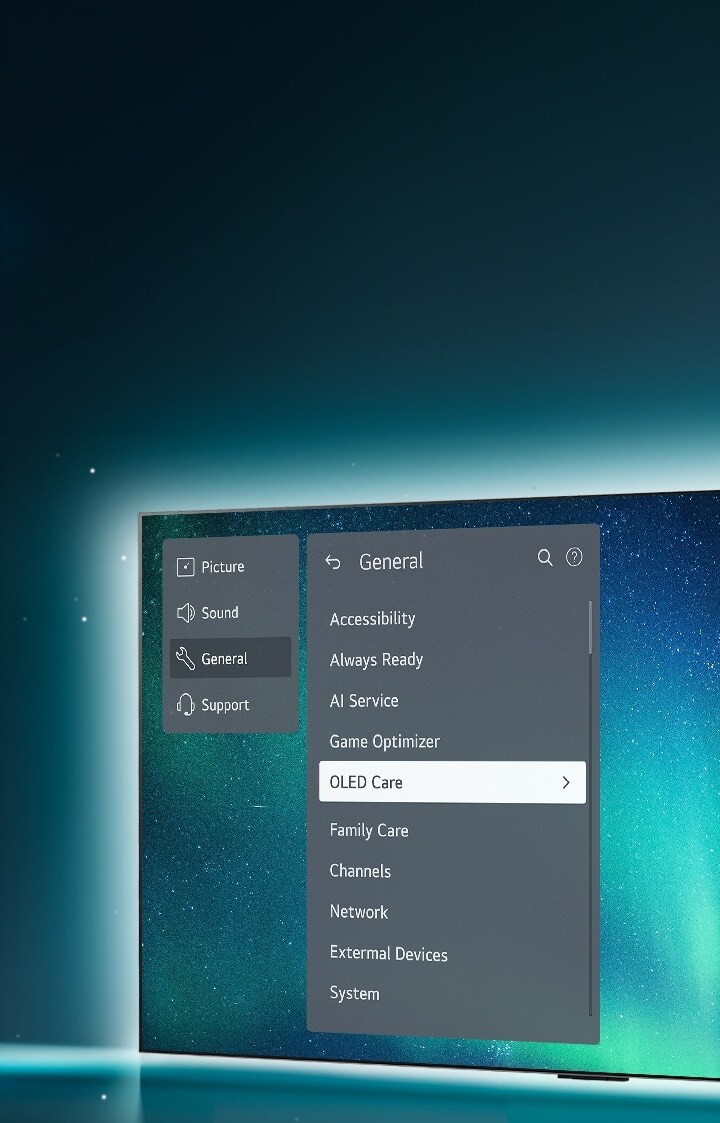 El televisor OLED se encuentra majestuoso en el lado derecho de la imagen y el fondo brilla como el cielo nocturno. Mientras las luces blancas brillan desde la parte posterior del televisor. El menú Soporte aparece en la pantalla y el menú OLED Care está seleccionado.