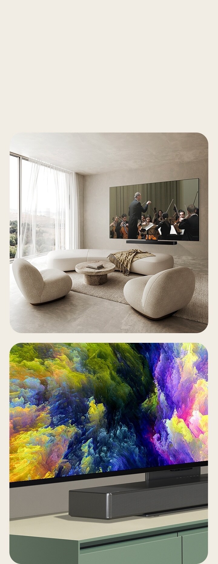 Una vista en ángulo de la esquina inferior del LG OLED C4 que muestra una obra de arte abstracta de un bosque en la pantalla. El televisor está conectado a una barra de sonido LG mediante el soporte Synergy y tiene una obra de arte abstracta de un bosque en la pantalla. Una imagen de LG OLED C4 y una barra de sonido LG en un espacio limpio y plano contra la pared con una actuación orquestal en la pantalla.