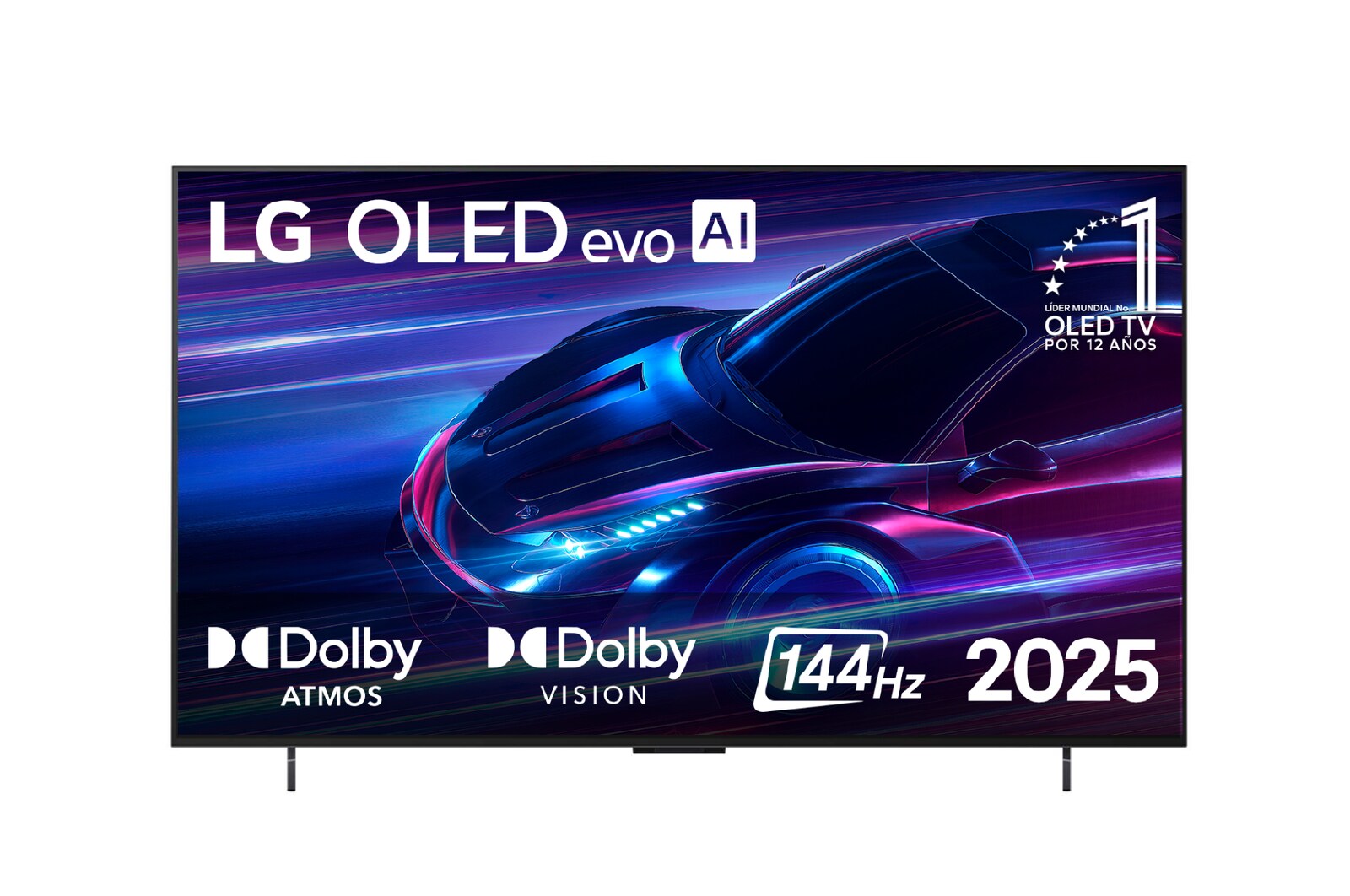 Vista de frente de la Smart TV LG OLED evo AI C5 4K. El emblema “OLED, número 1 del mundo durante 12 años” y el logotipo de LG OLED evo AI 2025 aparecen en la pantalla.