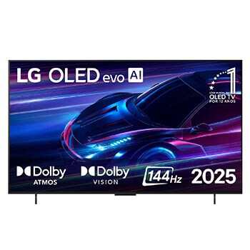 Vista de frente de la Smart TV LG OLED evo AI C5 4K. El emblema “OLED, número 1 del mundo durante 12 años” y el logotipo de LG OLED evo AI 2025 aparecen en la pantalla.
