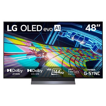 Vista de frente de la Smart TV LG OLED evo AI C5 4K. El emblema “OLED, número 1 del mundo durante 12 años” y el logotipo de LG OLED evo AI 2025 aparecen en la pantalla.