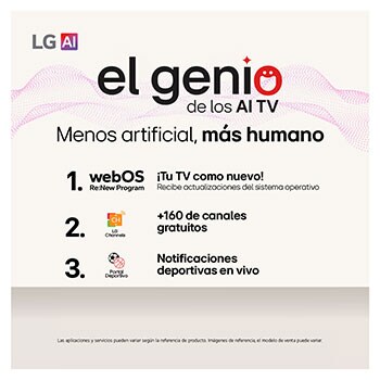 LG AI Magic Remote con el botón de IA resaltado. A su alrededor, se encuentran las diferentes funcionalidades a las que el usuario puede acceder con el botón. AI Voice ID, AI Search, AI Chatbot, AI Concierge, AI Picture Wizard y AI Sound Wizard. El texto explica que el LG AI Magic Remote completa la AI Experience con un botón de IA exclusivo y su función de ratón aéreo. Tan solo apunta y haz clic.