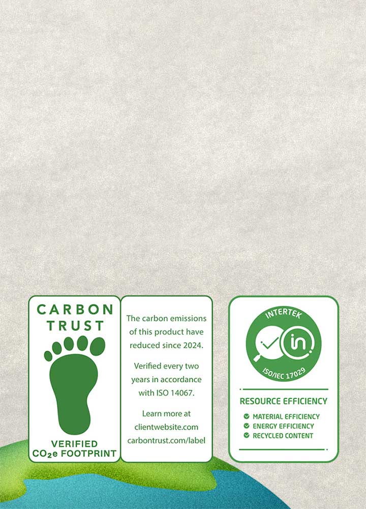 Marca de certificación para Carbon Trust, la reducción de carbono y la medición de emisiones de carbono, y marca de certificación para la eficiencia de recursos de Intertek.