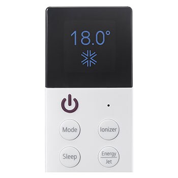Control remoto del aire acondicionado LG haciendo zoom en la pantalla donde se muestran 18° de temperatura