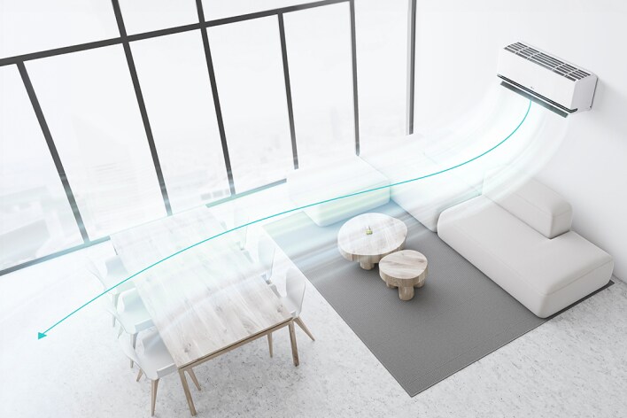 Sala de estar con aire acondicionado LG utilizando la doble aleta para distribuir el flujo de aire más lejos