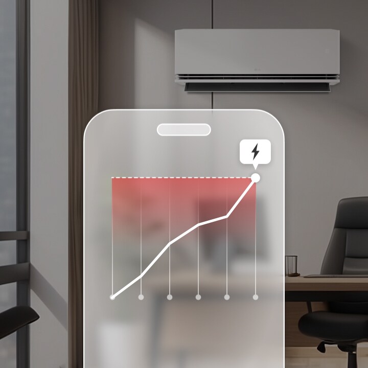 Aire acondicionado LG con kW Manager envía alertas a través de la app LG ThinQ cuando se alcanza el límite de consumo.