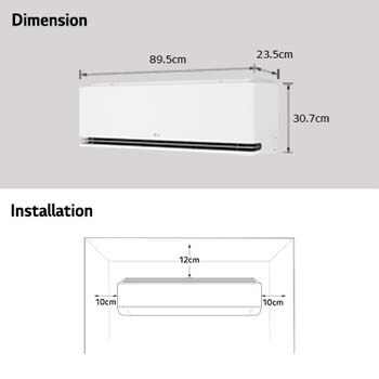 Imagen que muestra las dimensiones del aire acondicionado LG y las pautas de instalación.<br> Dimensiones: 89.5 cm de ancho, 23.5 cm de profundidad y 30.7 cm de alto.<br> Instalación: Requiere un espacio libre de 10 cm a ambos lados y 12 cm en la parte superior.
