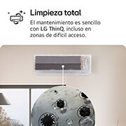 Aire acondicionado LG con la función de Control Proactivo de Energía. Un teléfono inteligente muestra un gráfico de energía con una alerta roja, gestionando el enfriamiento y los límites de energía. Texto: "Control proactivo de energía. El control Imagen que muestra la función All Cleaning del aire acondicionado LG. La visual resalta el proceso de limpieza interna, con un acercamiento que muestra la eliminación de suciedad y gérmenes.<br> El texto dice: "All Cleaning. El mantenimiento es sencillo con LG ThinQ, incluso en áreas de difícil acceso."inteligente ayuda a gestionar el enfriamiento y establecer límites de energía."