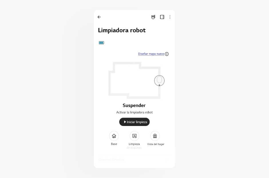 La imagen muestra la pantalla de una limpiadora robot en la aplicación LG ThinQ