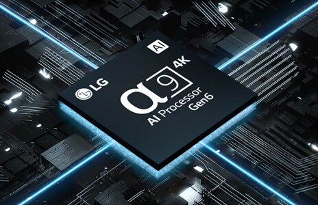 Una imagen del procesador α9 de IA 4K Gen6 frente a una placa de circuito con luces azules que salen del chip, lo cual representa su potencia.	