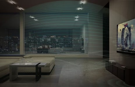 Una imagen de un televisor en reproducción con una barra de sonido LG en la que se ve el streaming de música HD	