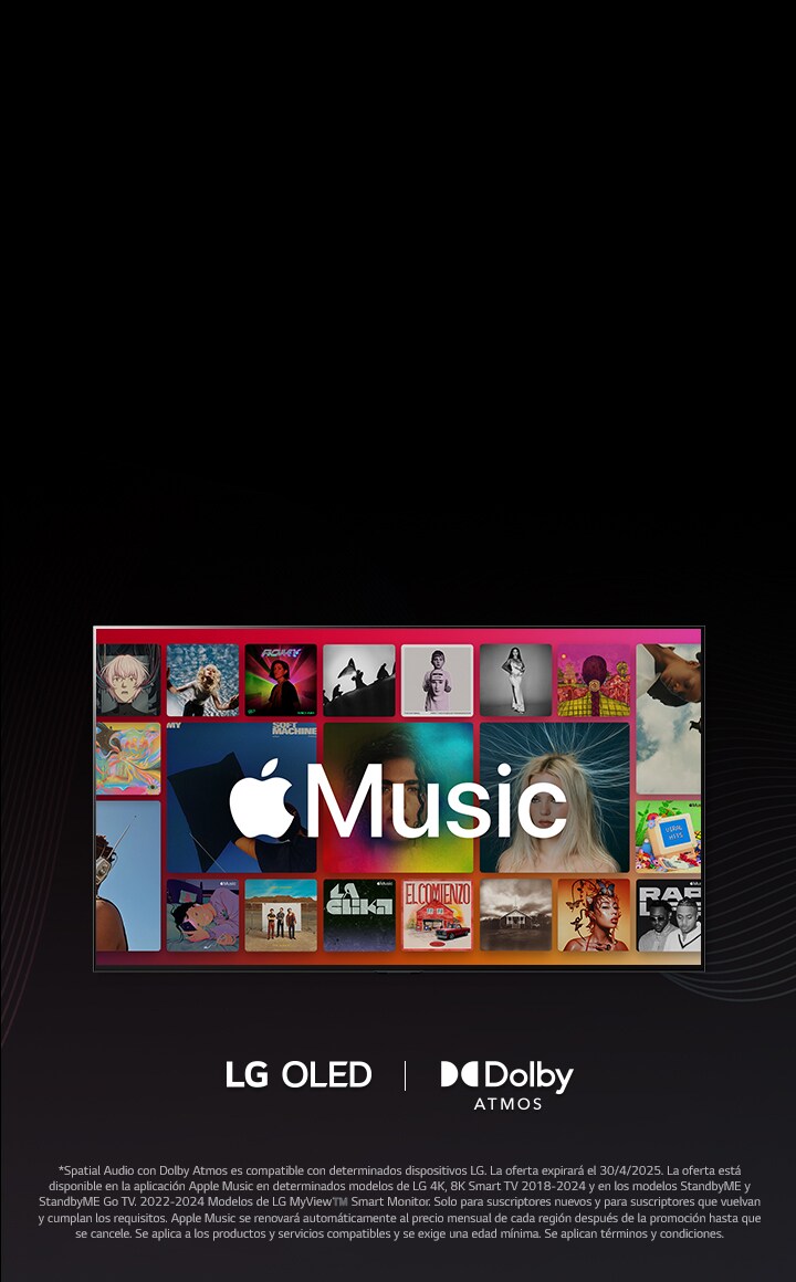 Un diseño de cuadrícula de álbumes con el logotipo de Apple Music superpuesto, con LG OLED y el logotipo de Dolby Atmos debajo.