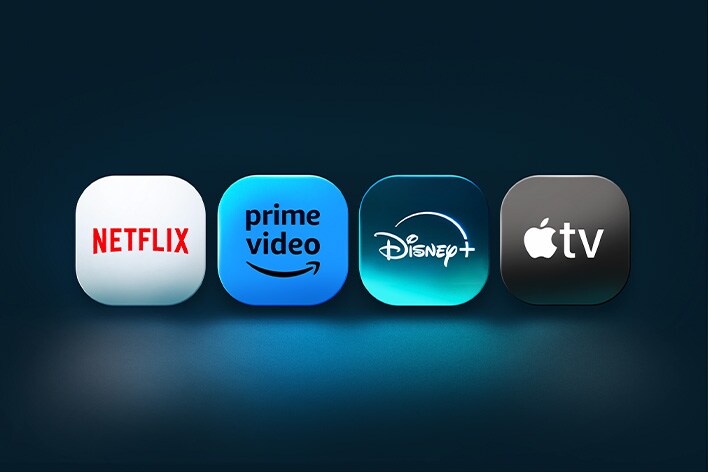 Los logotipos de las aplicaciones Netflix, Prime Video, Disney+ y Apple TV aparecen uno junto al otro sobre un fondo azul. 