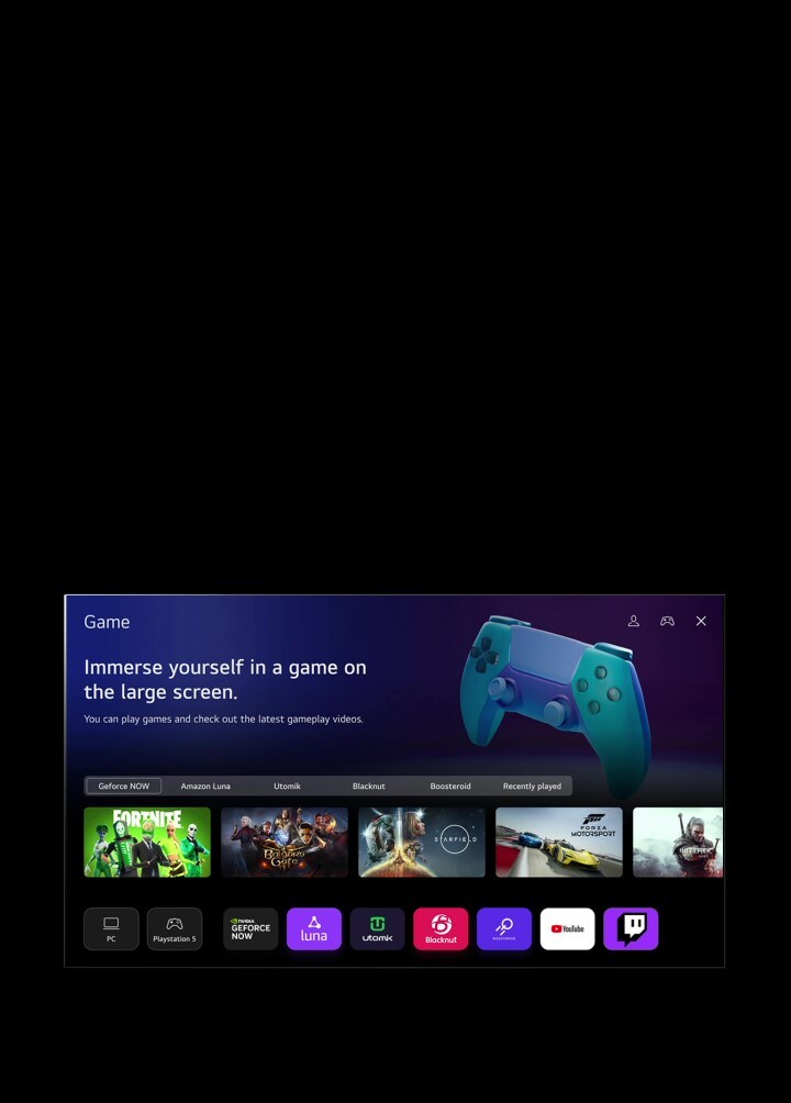 Al hacer clic en Sports, la pantalla se desvanece en una página de inicio de Sports con el texto “Registra tu equipo/jugador favorito para obtener más información sobre la clasificación de la liga, los horarios de los partidos o cualquier otra actualización” y “Lista de ligas favoritas”. Cinco miniaturas están etiquetadas como Fútbol, Baloncesto, Béisbol, Cricket y Hockey sobre hielo. La pantalla retrocede, el cursor hace clic en Game y la pantalla se desvanece en una página de inicio de Game con el texto “Sumérgete en el juego en la pantalla grande”. Podrás jugar y ver los más recientes videos de experiencia de juego”. La imagen muestra los botones Geforce NOW, Amazon Luna, Utomik, Blacknut, Boosteroid y Reproducciones recientes. Aparecen los siguientes logotipos: GeForce Now, Amazon Luna, Utomik, Blacknut, Boosteroid, YouTube y Twitch.