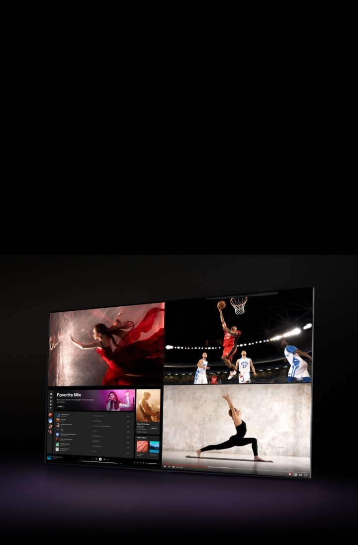 Un LG TV muestra una película, y la pantalla se divide de modo que una mitad muestra una película y un lado muestra Spotify. El cursor hace clic en un botón para abrir el panel de configuración de Multi-View y hace clic en el botón TV en directo, y la ventana de Spotify cambia a una pantalla que muestra una escena deportiva. En una tercera ventana aparece por debajo un video de yoga en YouTube. A continuación, una cuarta ventana en la que aparece Spotify se desliza desde abajo de modo que la pantalla muestra contenidos diferentes en los cuatro cuartos.