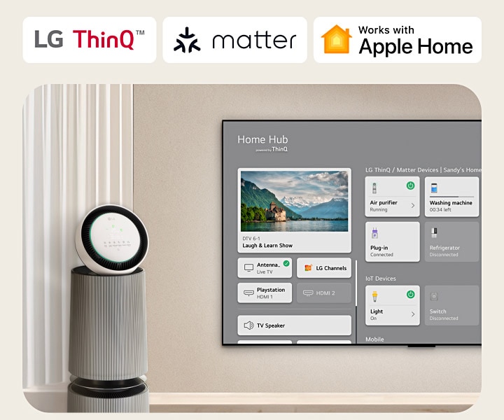 Un logotipo de LG ThinQ™, Matter y Apple Home.   Un LG TV montado en una pared y un LG PuriCare™ Objet Collection 360° a la izquierda. El televisor muestra Home Hub y un cursor hace clic en "Purificador de aire" y se activa el LG PuriCare™ Objet Collection 360°. 
