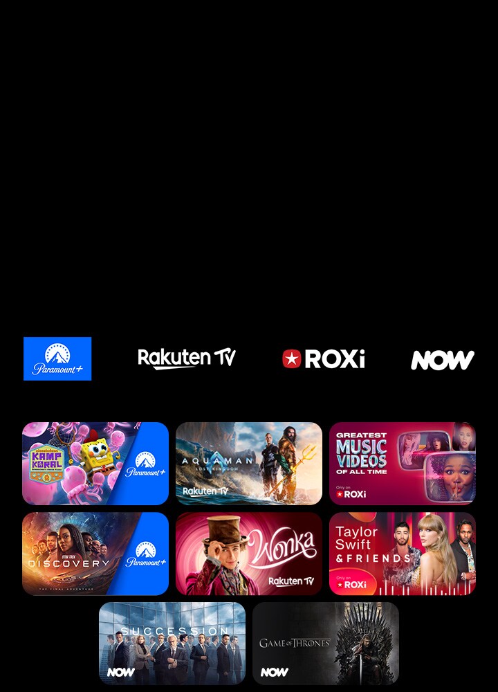 Los logotipos de Paramount+, Rakuten TV, ROXi y Now aparecen en fila. Abajo aparecen afiches de series de televisión y películas exclusivas.
