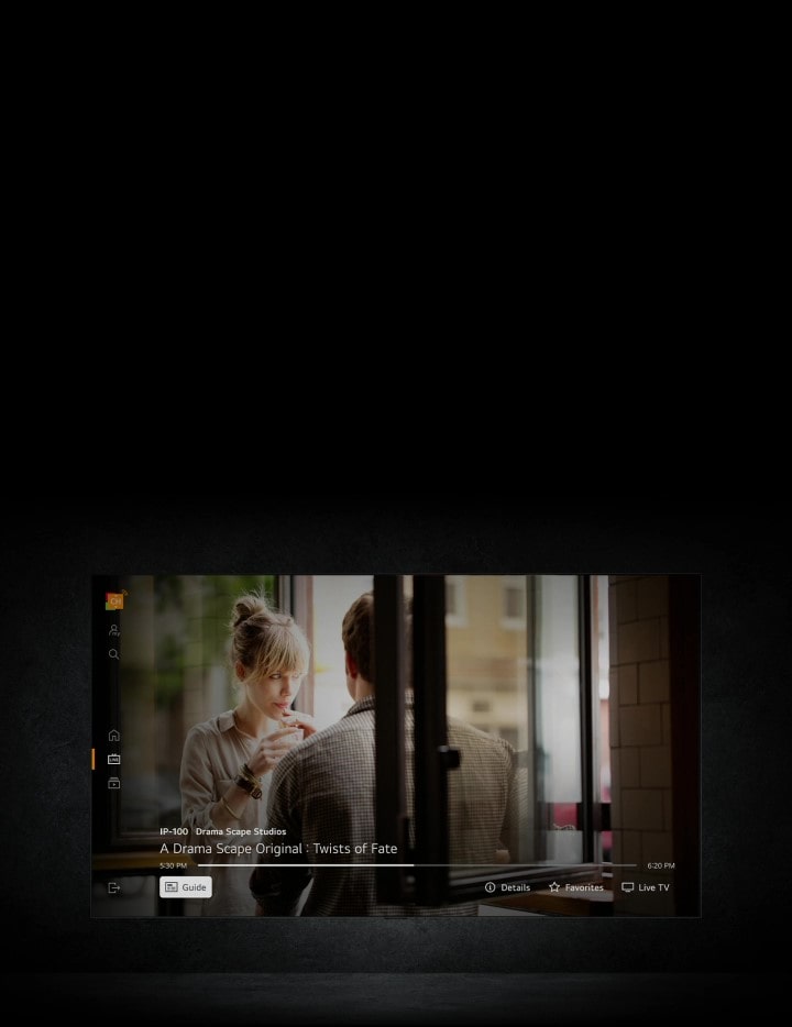 Un usuario selecciona LG Channels en la pantalla de inicio del LG TV. A continuación, el cursor hace clic para seguir viendo una serie de drama favorita. 