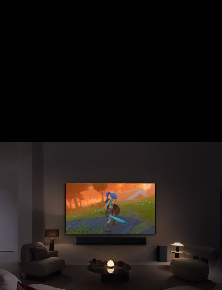 Se abre un video de una pareja haciendo yoga. La escena cambia a un hombre que cocina y luego a un personaje que corre por una zona salvaje en un juego de rol. La escena se aleja para mostrar todo esto en un LG TV montado en la pared de una acogedora sala de estar. 