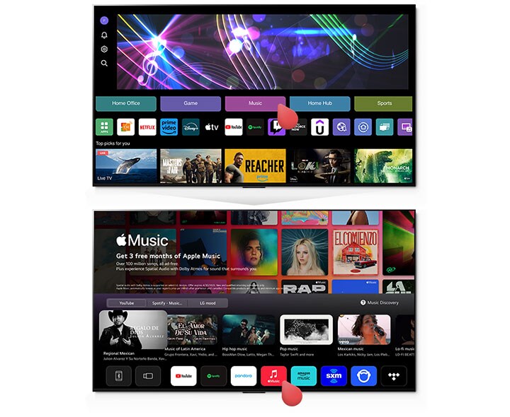 Un cursor hace clic en Music en la página de inicio de WebOS y abre la página Music con Apple Music y otros sitios de streaming de música.