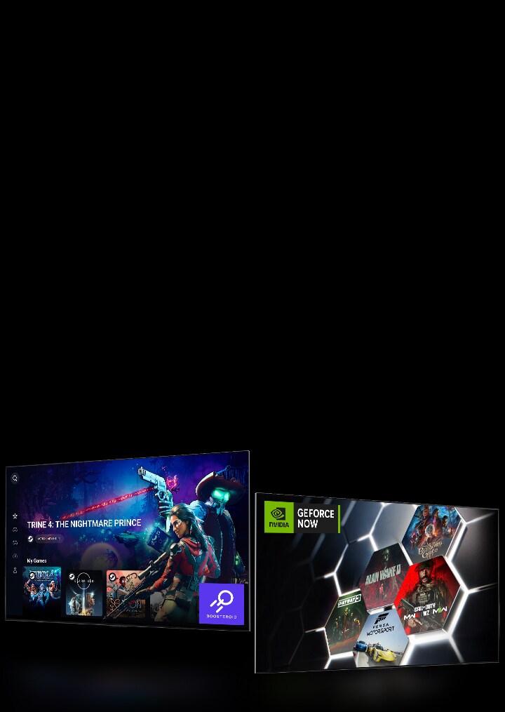 Dvě televizní obrazovky vedle sebe. Jedna zobrazuje domovskou obrazovku služby Boosteroid a druhá domovskou obrazovku služby GeForce NOW. 