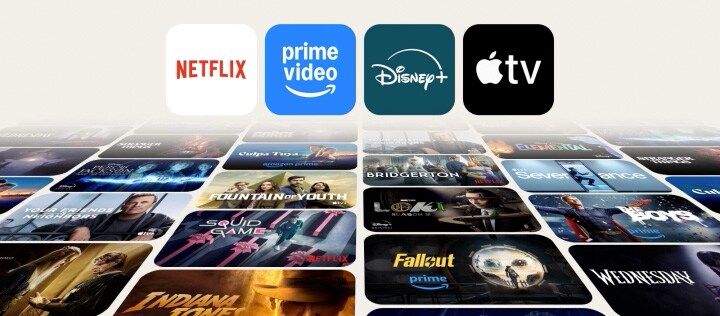 Animovaná sekvence zobrazující loga Netflix, Prime Video, Disney+ a Apple TV+ vznášející se nad dynamickou koláží populárních televizních pořadů, která zdůrazňuje přístup LG Smart TV k globálním streamovacím platformám a pohlcující zážitek ze sledování.