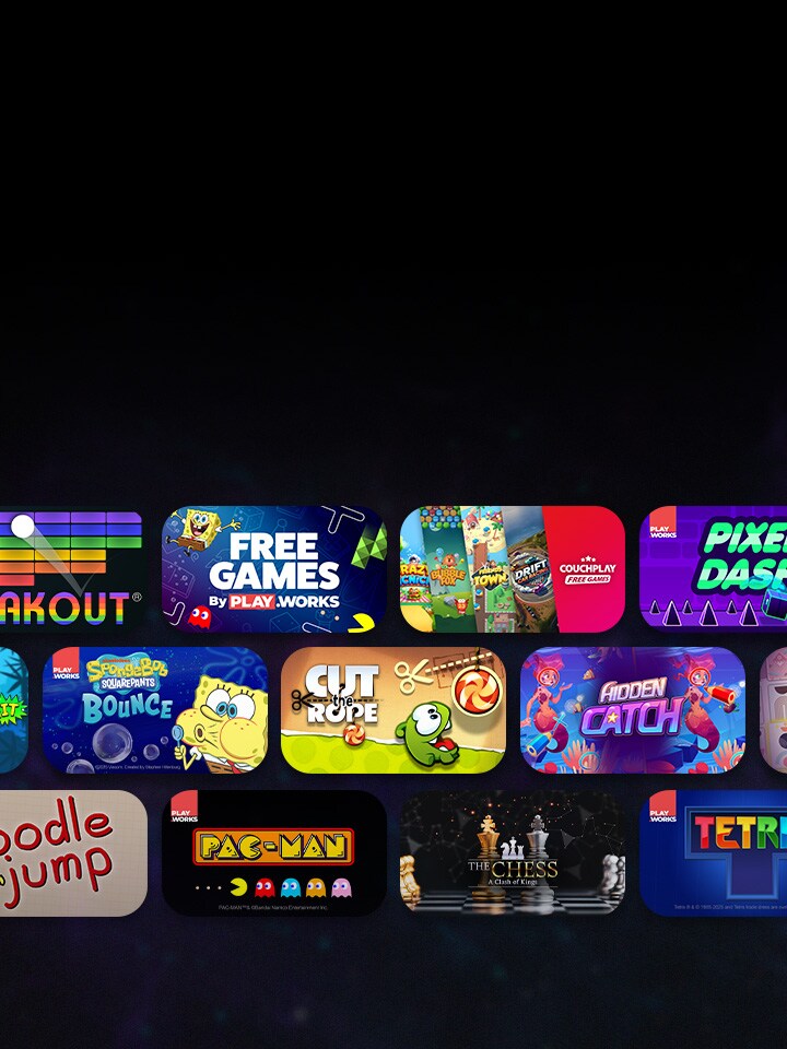 Různé miniatury příležitostných her uspořádané ve třech řadách na LG TV nabízejí stovky snadno hratelných bezplatných her, které jsou ideální pro zábavu jednoho hráče nebo více hráčů pouze pomocí dálkového ovladače.