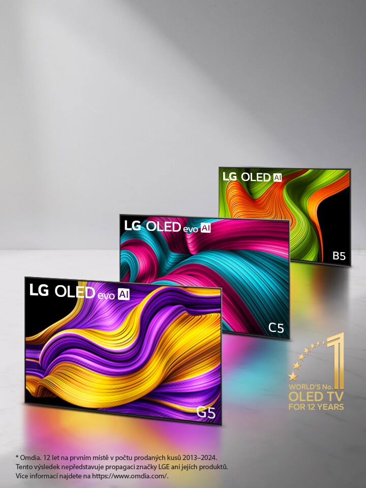 Sestava tří televizorů LG OLED evo AI TV v řadě, televizory C5, G5 a B5. Emblém světová jednička mezi OLED TV již 12 let je v rohu. 
