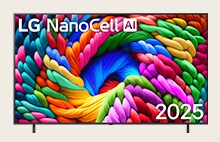 LG NanoCell TV s barevným uměleckým dílem a názvem LG NanoCell AI 2025 zobrazeným na obrazovce.