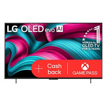 Čelní pohled na LG OLED evo AI C5 4K Smart TV. Na obrazovce je emblém 12 let světové jedničky OLED a logo LG OLED evo AI 2025.