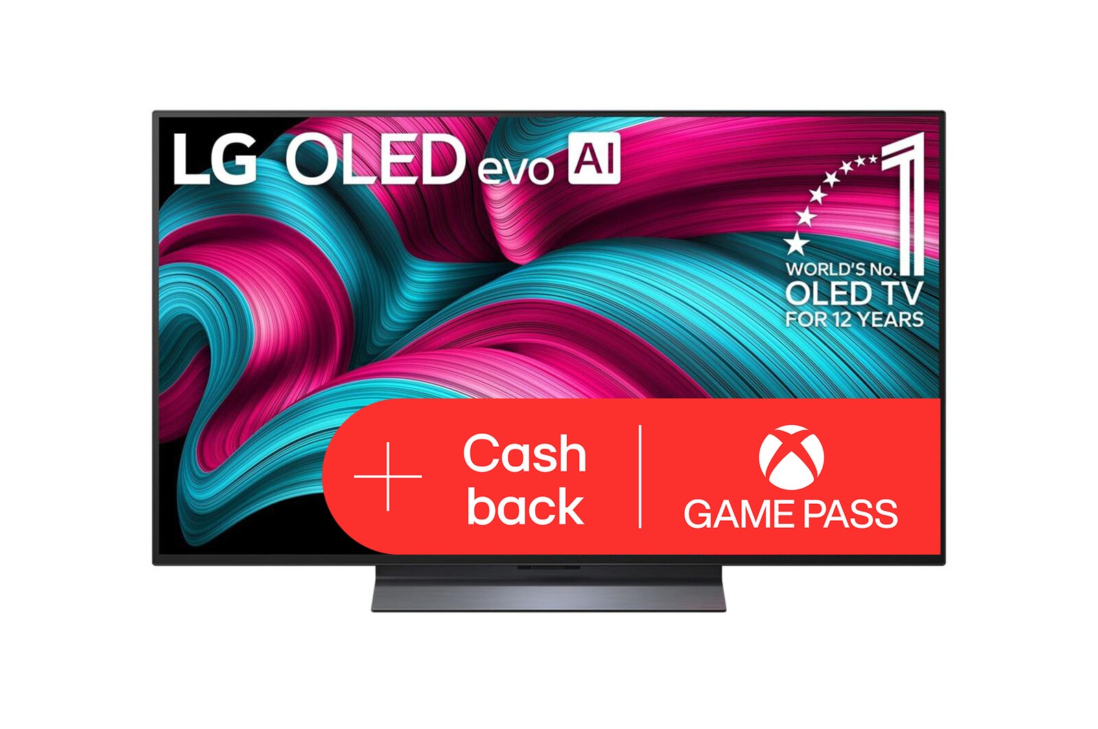 Čelní pohled na LG OLED evo AI C5 4K Smart TV. Na obrazovce je emblém 12 let světové jedničky OLED a logo LG OLED evo AI 2025.
