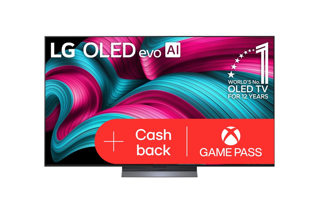 Čelní pohled na LG OLED evo AI C5 4K Smart TV. Na obrazovce je emblém 12 let světové jedničky OLED a logo LG OLED evo AI 2025.
