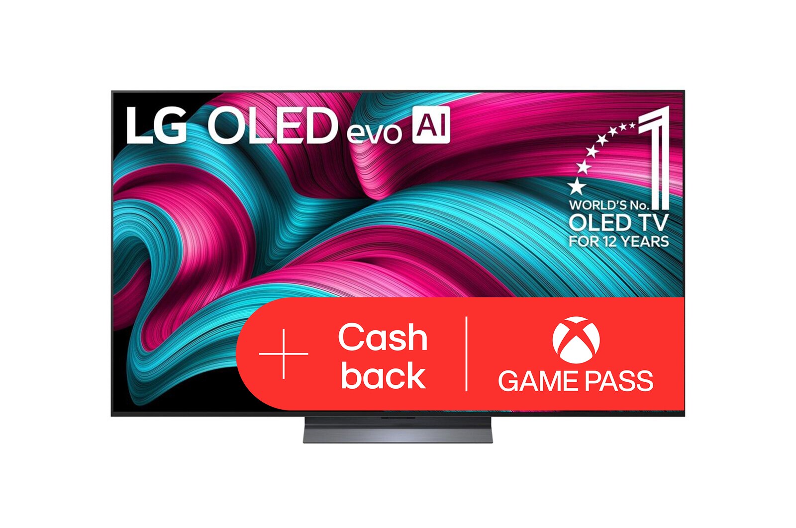 Čelní pohled na LG OLED evo AI C5 4K Smart TV. Na obrazovce je emblém 12 let světové jedničky OLED a logo LG OLED evo AI 2025.