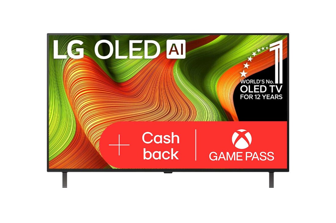 Čelní pohled na LG OLED AI B5 4K Smart TV. Na obrazovce je emblém 12 let světové jedničky OLED a logo LG OLED AI 2025.