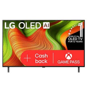 Čelní pohled na LG OLED AI B5 4K Smart TV. Na obrazovce je emblém 12 let světové jedničky OLED a logo LG OLED AI 2025.