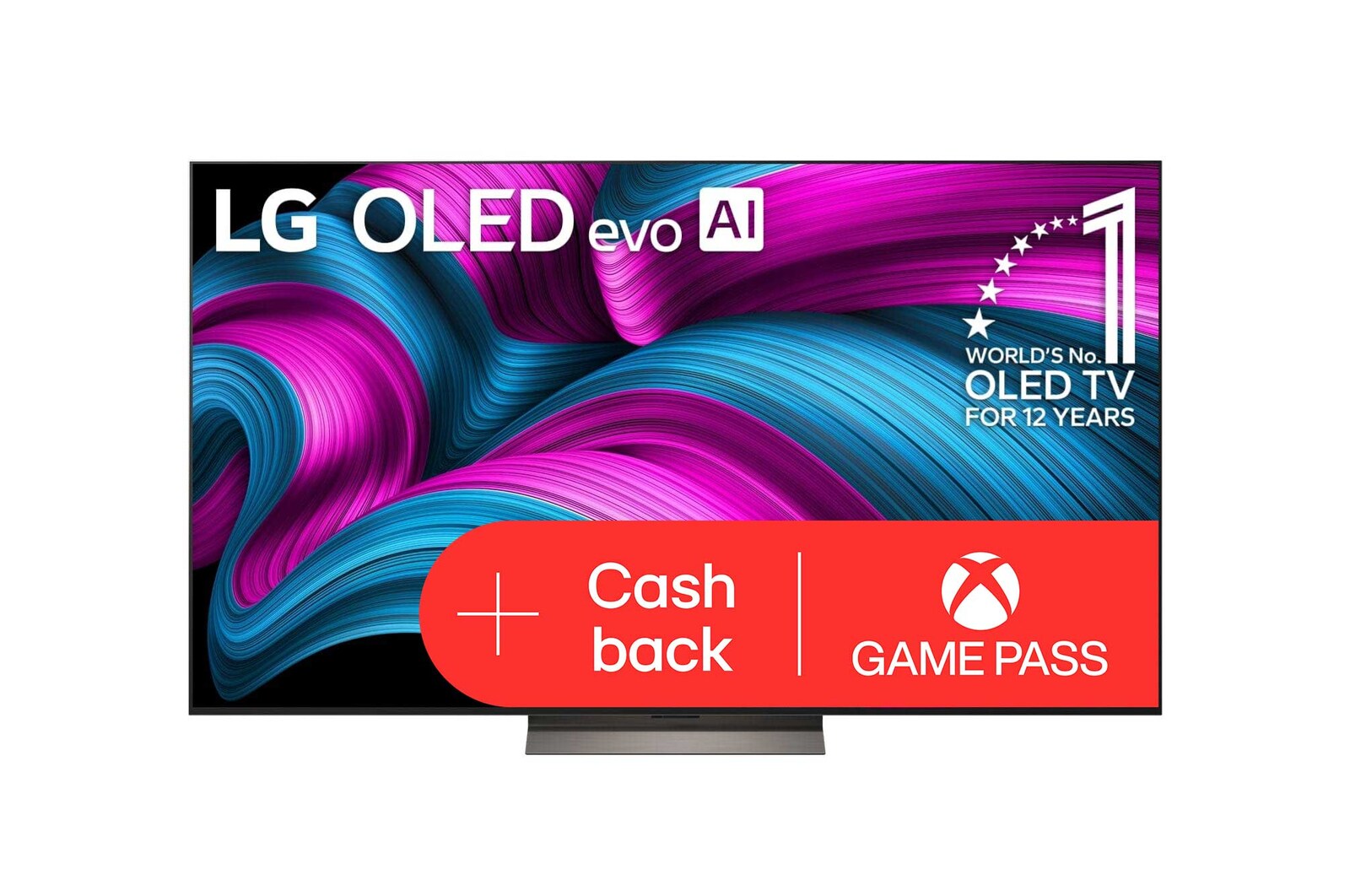 Čelní pohled na LG OLED evo AI C5 4K Smart TV. Na obrazovce je emblém 12 let světové jedničky OLED a logo LG OLED evo AI 2025.