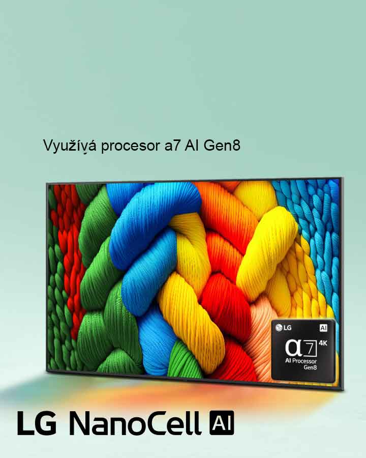 LG NanoCell TV je mírně nakloněný směrem doleva a zobrazuje barevná vlákna. V pravém dolním rohu televizoru je umístěno logo Alpha 7 4K AI Processor. Pozadí tvoří světlý modrozelený gradient. 