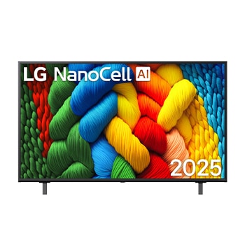 Čelní pohled na NanoCell TV, logo LG NanoCell Al v horním rohu. LG NanoCell NANO80 TV zobrazuje barevné kreslené textury, které se spojují.