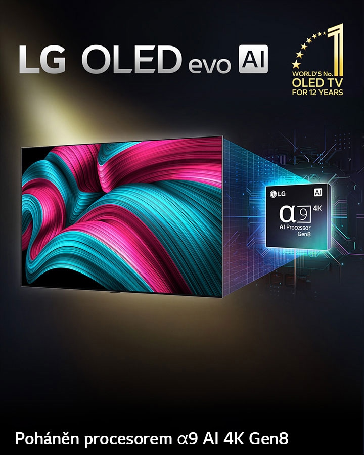 Na obrazovce LG OLED evo AI TV se zobrazuje abstraktní obraz s působivými detaily, barvami a kontrastem. Za televizí je umístěna zvětšená verze procesoru alpha 9 AI Gen8. Září a osvětluje okolní obvody mikročipu. Titulek uvádí LG OLED evo AI. Je vidět i text o tom, že zařízení využívá procesor LG alpha 9 AI Gen8. V rohu je zlaté logo s hvězdičkami, na kterém je napsáno: „Světová jednička mezi televizory OLED TV již 12 let“. 